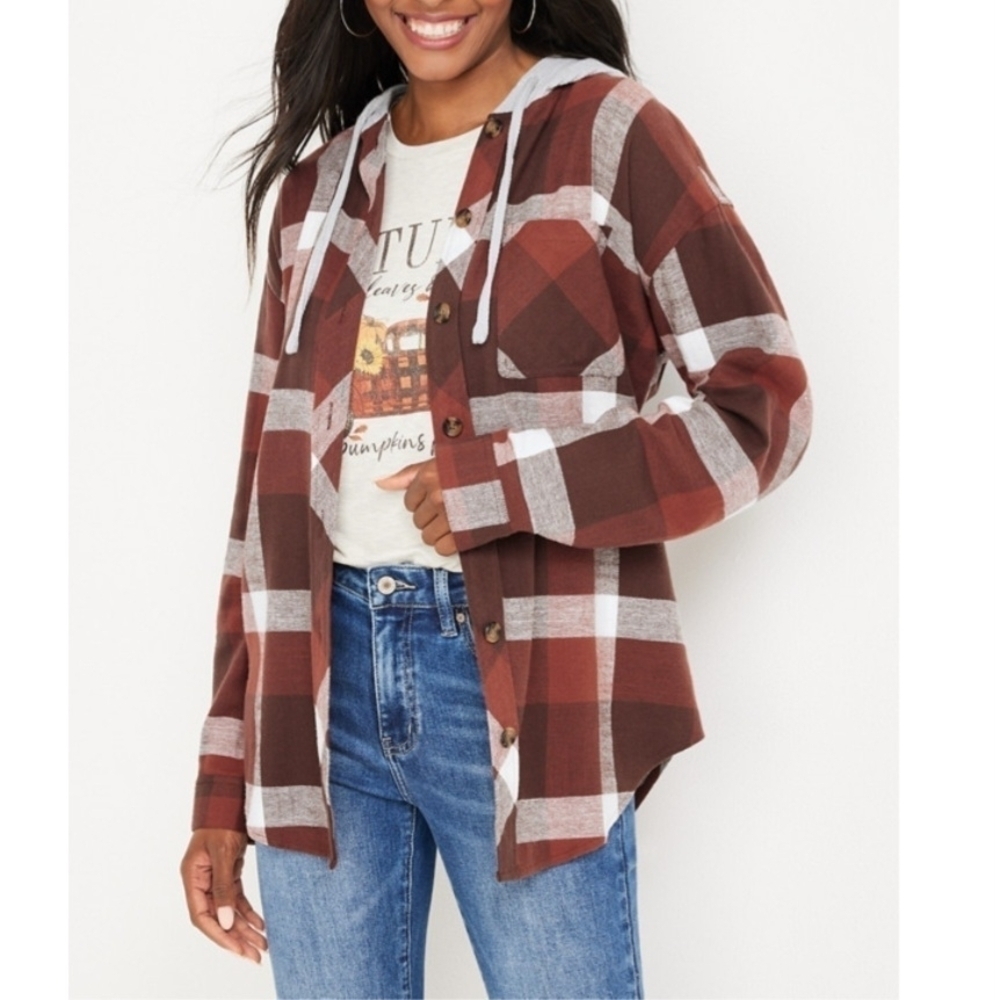 Maurices Brown Plaid Button-Up Hooded Jacket 100% Cotton Women's 1X Fall EUC